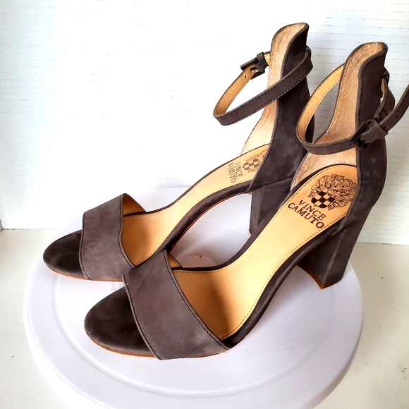 Vince Camuto Corlina Taupe Suede Block Heel Sandals size 7 or 37 - Picture 1 of 7